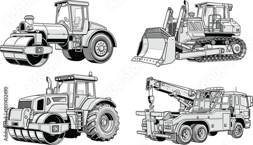 Heavy construction machinery illustration set showing road roller, bulldozer and crane truck, industrial equipment artwork for engineering, building, transport and worksite projects