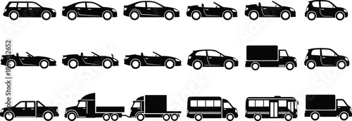 Vehicle silhouette icon collection, cars, convertibles, trucks, buses, vans, transportation symbols, solid black vector illustrations for automotive design and commercial usage