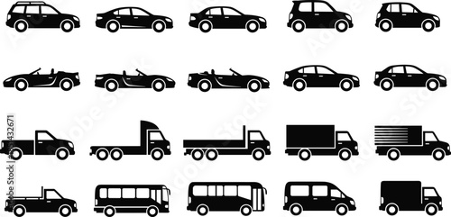 Vehicle silhouette icon set, cars, trucks, buses, vans, transportation symbols, black solid vector illustrations for automotive design and commercial use