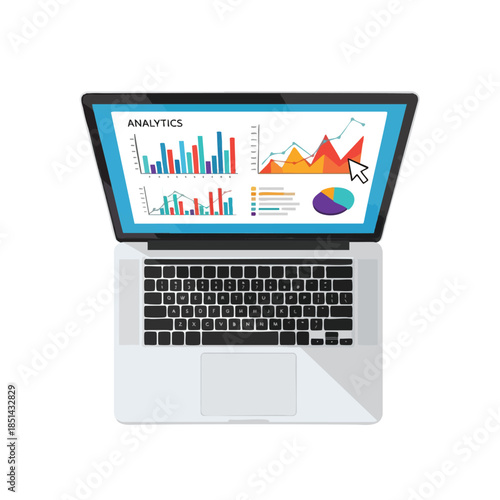 An open laptop displays data analytics visualizations with graphs and charts