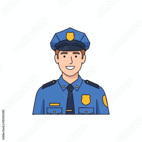 A smiling officer in uniform with cap and tie. Blue and yellow tones