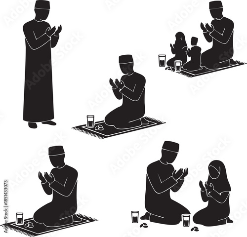 Islamic Silhouette Set of Muslim Men and Families Making Dua with Iftar Dates and Water for Ramadan Kareem.