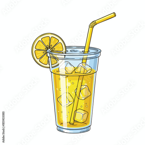 Cartoon image of iced beverage with lemon slice and yellow straw on white