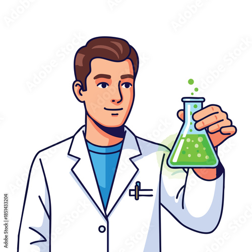 A scientist in a lab coat holds a beaker with green liquid, some bubbles are floating