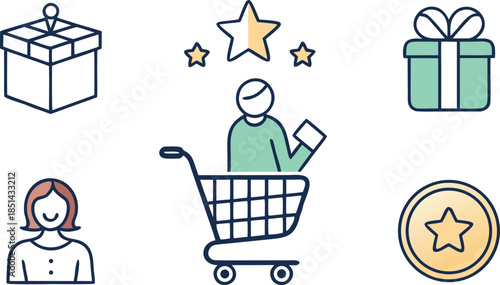 Shopping icons with gifts and customer cart present