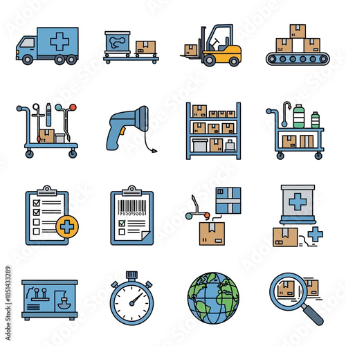 A collection of flat design icons illustrating various aspects of logistics, supply chain management, and medical inventory processes, featuring trucks, forklifts, scanners, and checklists.