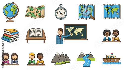 A collection of colorful flat icons representing geography, education, travel, and exploration, including maps, globes, students, teachers, and natural landscapes.