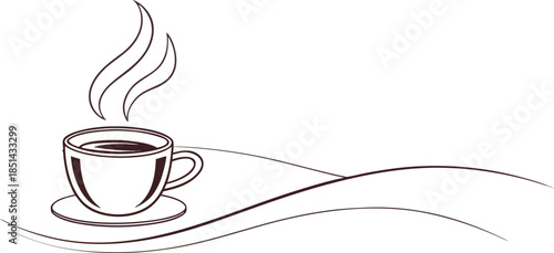 Stylized drawing of a steaming coffee cup on a saucer