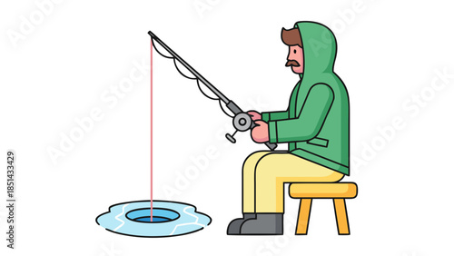 Ice Fishing Illustration: Man with Rod Sitting by Hole