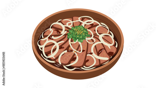 Illustration of Sliced Beef with Onions and Green Garnish in Bowl