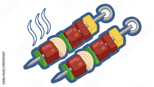 Illustration of Two BBQ Skewers with Meat and Vegetables