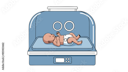 Infant Incubator with Newborn Baby and Medical Equipment