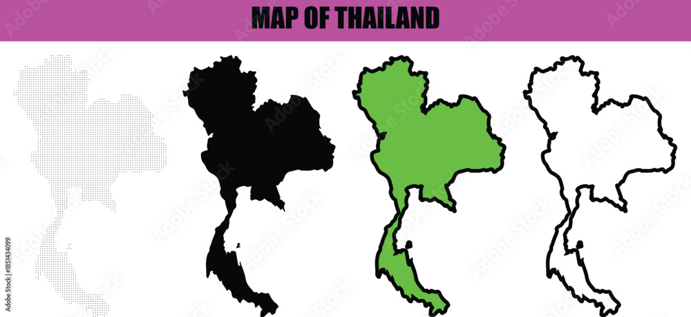 Obraz premium Modern Minimal Thailand Map Illustration with Silhouette, Line Art and Dot Style, Clean Geographic Outline on White Background for Digital and Print. Thailand Map Black and White Silhouette