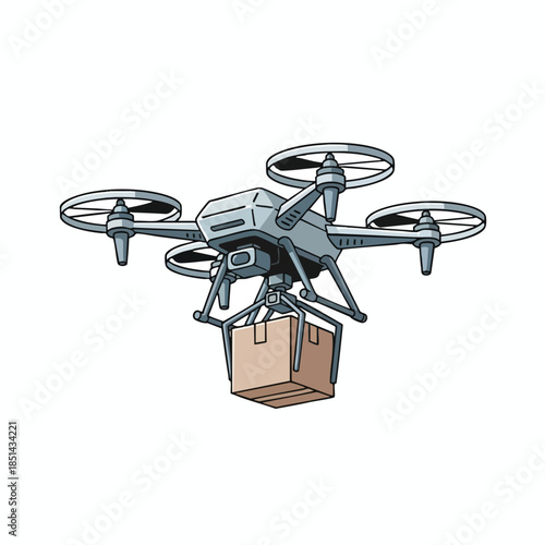 A hovering drone carrying a package. Four rotors and a central body shown