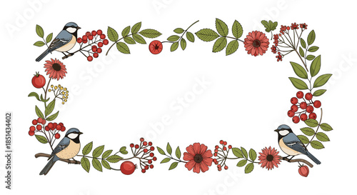 Charming rectangular frame made of autumn branches with red berries, flowers, and great tit birds, hand-drawn in a colorful vintage style.