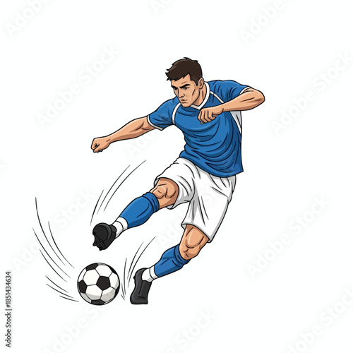 A soccer player in a blue and white kit kicking a soccer ball