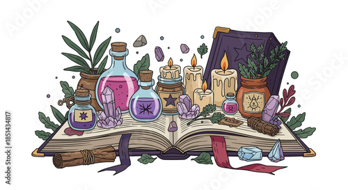 Magical still life scene with an open spellbook, glowing candles, crystals, and colorful potions for witchcraft and alchemy rituals.