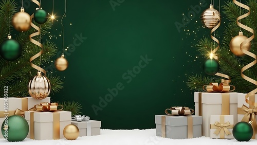 Christmas greeting card with a deep emerald green background