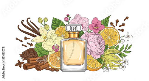 Elegant perfume bottle surrounded by a luxurious arrangement of scent ingredients like vanilla, orange, cinnamon, coffee beans, and flowers.