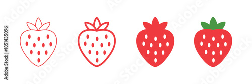Set of minimalist strawberry icons with transparent background, depicting fresh fruit symbols for healthy food, dessert recipes, sweet branding, and natural products, vector illustration