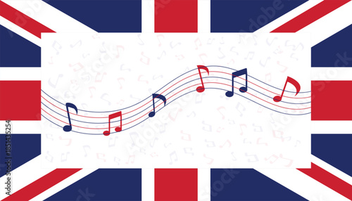United Kingdom Flag Music Background with British Colors and Musical Notes.