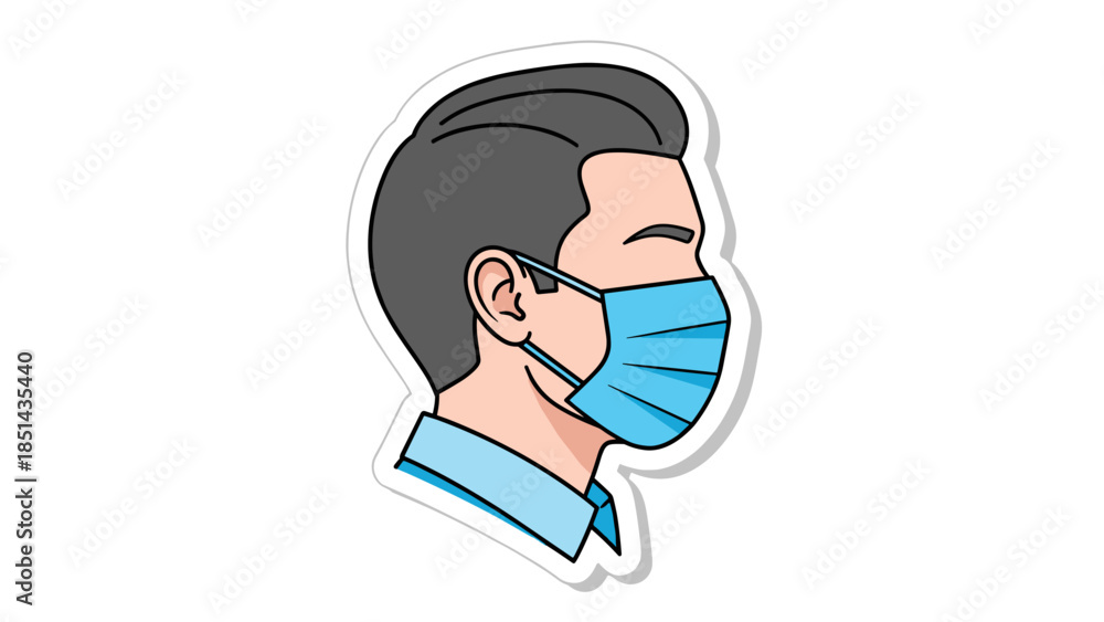 Fototapeta premium Man Wearing Blue Face Mask - Cartoon Sticker Style