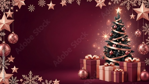 Christmas greeting card with a deep burgundy background accented by rose gold elements.