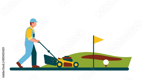 Man Mowing Golf Course Green with Flag and Golf Ball
