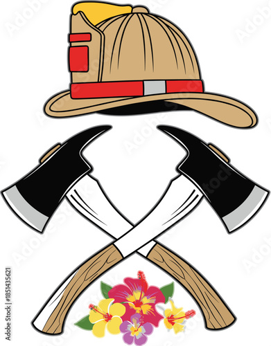 Firefighter Crossed Axes Emblem with Helmet and Floral Tribute Vector Illustration for Fire Department Logo, Memorial Design, Rescue Team Branding, and Heroic Symbol Concepts