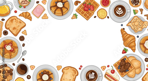 Delicious breakfast food frame with pancakes, waffles, croissants, and coffee, hand-drawn in a colorful style with ample copy space.