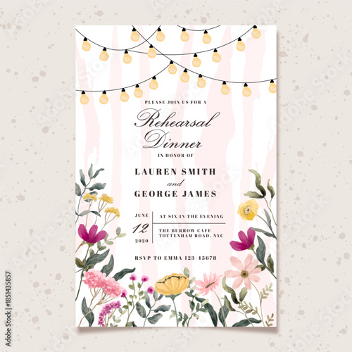 rehearsal dinner invitation card with pink yellow wildflower and light string background