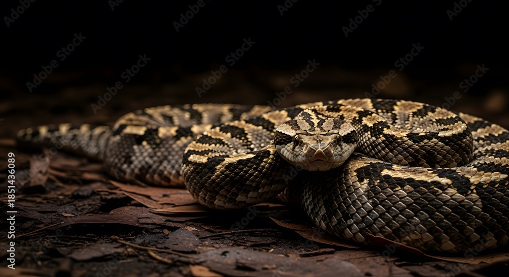 Obraz premium Close-up portrait of a venomous viper snake coiled on dark fores