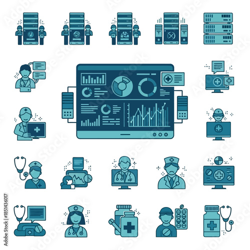 Healthcare technology and data analysis icons set, featuring medical professionals, servers, and digital health dashboards.