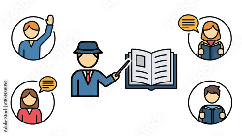 Teacher instructing students with an open book, surrounded by learners reading and interacting in a classroom setting.