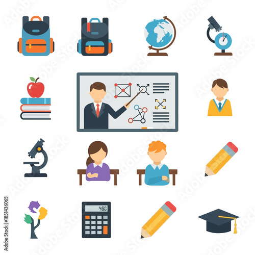 A collection of flat design icons representing various educational elements and school supplies.