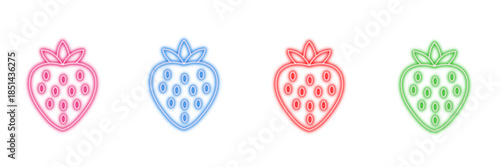 Neon glowing strawberry vector icons set, colorful, vibrant, fruity, sweet, fresh, juicy, delicious digital design illustration on transparent background.