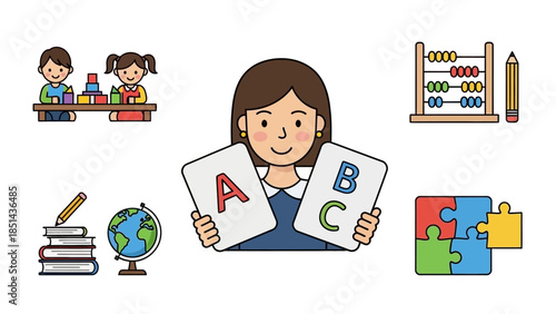 Set of educational icons depicting a teacher holding alphabet cards, children playing, an abacus, books, a globe, and a jigsaw puzzle.