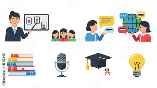 A collection of educational icons including a teacher and students, language learning, books, a microphone, a graduation cap, and a lightbulb representing ideas and knowledge.