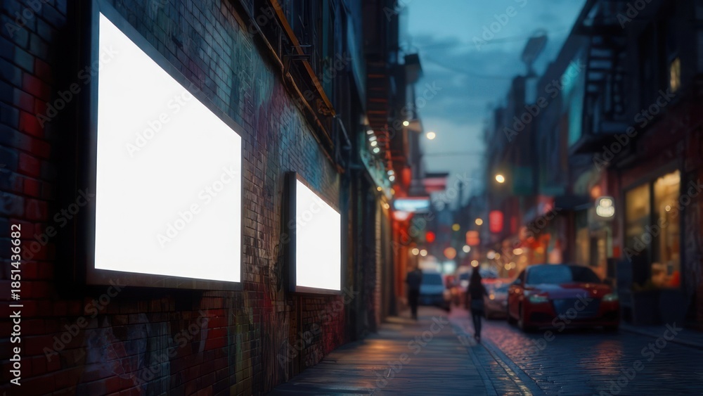 Obraz premium Illuminated Blank Billboards on Brick Wall, City Street at Dusk, Cinematic Atmosphere.