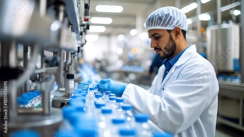 Worker inspecting bottles in a factory.