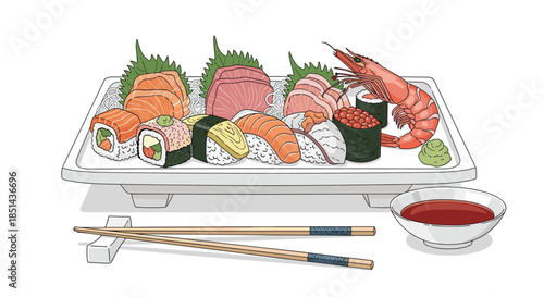 Delicious and colorful assortment of Japanese sushi and sashimi on a platter, complete with chopsticks and soy sauce, in a hand-drawn style.