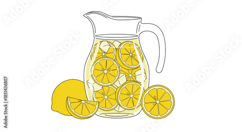 Refreshing glass pitcher of lemonade filled with ice cubes and lemon slices, illustrated in a simple and clean line art style.