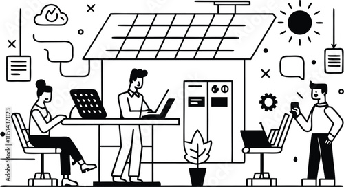 People working in a solar-powered smart home office