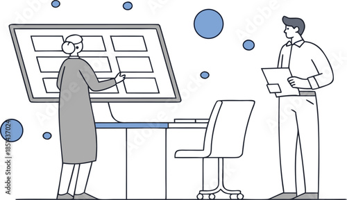 People interacting with a large computer screen in an office