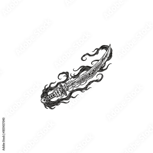 Eerie hand drawn illustration of a cursed Japanese katana with a demonic mouth on the blade and mystical smoke