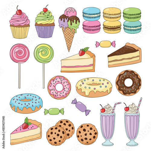 An assortment of delicious sweets including cupcakes, ice cream, macarons, donuts, and more