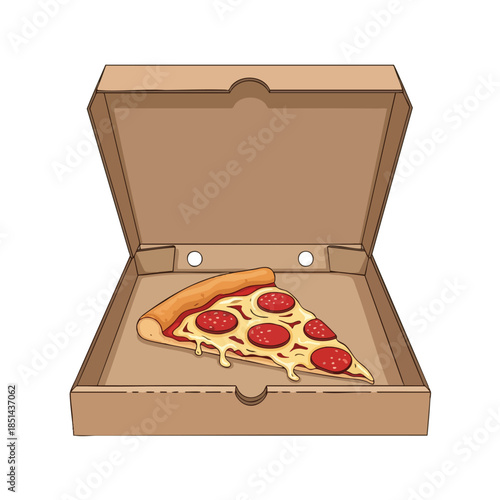 A single pepperoni pizza slice rests inside an open cardboard box