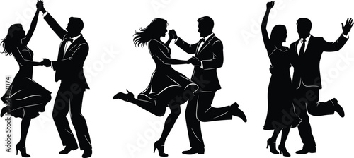 Elegant dancing couple silhouette collection, romantic man and woman ballroom dance poses, celebration and partnership concept, classic lifestyle black vector illustration isolated