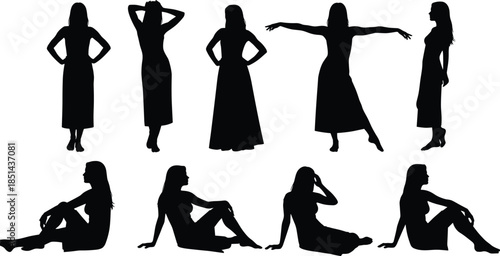 Elegant woman silhouette poses collection illustration, female standing and sitting positions, fashion lifestyle concept, black people shadows isolated on white vector set