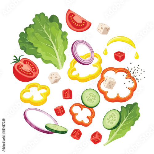 Vector illustration of various salad ingredients, including veggies, cheese and dressing